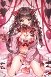  1girl animal_ears balloon bangs bed blush braid breasts brown_hair candy cat_ears cat_girl cat_tail chocolate chocolate_on_breasts cleavage coat covering_mouth dripping food food_on_body food_on_breasts full_body hair_ribbon heart highres indoors iro_178 lollipop looking_at_viewer medium_breasts navel original revision ribbon sitting solo stomach tail thighs twintails underwear valentine yellow_eyes 