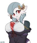  2022 accessory anthro bell big_breasts black_clothing black_dress breasts clothing dress fan_character female female_focus gardevoir hair hair_accessory hi_res humanoid just_mae nintendo pok&eacute;mon pok&eacute;mon_(species) red_eyes signature silver_hair simple_background solo video_games white_body white_skin 