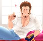  1boy alternate_costume bara blue_eyes brown_hair casual denim facial_hair fate/grand_order fate_(series) feeding feet_out_of_frame goatee heart highres incoming_gift jeans long_sideburns looking_at_viewer male_focus mature_male muscular muscular_male napoleon_bonaparte_(fate) open_clothes open_shirt pants partially_unbuttoned pectoral_cleavage pectorals pov short_hair sideburns smile solo suzuki80 valentine 