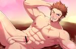  1boy abs bar_censor bara blue_eyes brown_hair censored completely_nude cross_scar erection facial_hair fate/grand_order fate_(series) feet_out_of_frame goatee highres large_pectorals long_sideburns male_focus mature_male minghecanyue muscular muscular_male napoleon_bonaparte_(fate) navel nipples nude one_eye_closed pectorals penis scar scar_on_chest short_hair sideburns smile solo spread_legs stomach thick_thighs thighs veins veiny_penis 