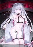  1girl absurdres black_ribbon breasts eyebrows_visible_through_hair hair_ribbon highres large_breasts long_hair looking_at_viewer nanananana navel no_panties original purple_eyes ribbon solo thigh_strap two-tone_ribbon very_long_hair wet white_hair white_ribbon wide_sleeves 