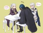  1girl 2boys armor blue_hair blush breasts brown_eyes byleth_(fire_emblem) byleth_(fire_emblem)_(male) cape corrin_(fire_emblem) corrin_(fire_emblem)_(male) crying fire_emblem fire_emblem:_three_houses fire_emblem_awakening fire_emblem_fates fire_emblem_warriors fire_emblem_warriors:_three_hopes gloves hood long_hair long_sleeves multiple_boys pointy_ears red_eyes robaco robe robin_(fire_emblem) robin_(fire_emblem)_(female) short_hair silver_hair simple_background smile table translation_request twintails white_hair 