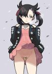  1girl absurdres black_hair blush choker dress ear_piercing hair_ornament hair_ribbon hands_on_own_shoulders highres looking_to_the_side marnie_(pokemon) no_panties ogre_(illustogre) piercing pink_dress pokemon pokemon_(game) pokemon_swsh red_ribbon ribbon sketch twintails wind wind_lift 
