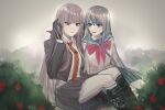  2girls alternate_hair_color bangs black_gloves black_jacket black_skirt blue_sailor_collar bow bowtie braid bush commentary_request danganronpa:_trigger_happy_havoc danganronpa_(series) flower garasu_(natto_oc) gloves gradient gradient_background grey_background grey_hair grey_shirt hair_ornament hair_ribbon hairclip highres jacket kirigiri_kyouko long_hair long_sleeves looking_at_viewer maizono_sayaka multiple_girls necktie open_clothes open_jacket pink_bow pink_bowtie pleated_skirt purple_eyes red_flower ribbon sailor_collar school_uniform shiny shiny_hair shirt side_braid single_braid skirt smile 