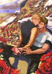  2boys absurdres blush couple field flower flower_field forehead-to-forehead from_above full_body heads_together highres long_sideburns male_focus multiple_boys muscular muscular_male one_piece pectoral_cleavage pectorals reach-around rie_(mythrier) roronoa_zoro sanji shirt short_hair sideburns sitting straddling white_shirt yaoi 