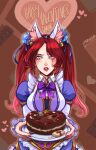  1girl alternate_costume animal_ears artist_name bangs blush bow bowtie breasts brooch brown_background cake cat_ears dress english_commentary enmaided fake_animal_ears fingernails food frills happy_valentine highres holding jewelry juliet_sleeves katarina_(league_of_legends) large_breasts league_of_legends long_hair long_sleeves maid nail_polish parted_bangs plate puffy_sleeves purple_bow purple_bowtie red_hair red_lips red_nails sharp_fingernails shinaa_(maddynshinaa) solo twintails 