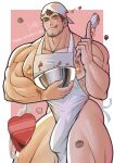  1boy :q alternate_facial_hair alternate_pectoral_size apron bara beard blush box brown_hair bulge chocolate_on_pectorals cooking facial_hair feet_out_of_frame head_scarf heart-shaped_box highres kengo_(housamo) large_pectorals long_sideburns looking_at_viewer ma_am_00 male_focus mature_male muscular muscular_male naked_apron nipple_slip nipples one_eye_closed pectorals short_hair sideburns sidepec solo stubble thick_eyebrows thick_thighs thighs tokyo_afterschool_summoners tongue tongue_out valentine white_apron 