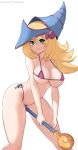  1girl absurdres bangs between_thighs bikini blonde_hair blush_stickers breasts cleavage closed_mouth contrapposto dark_magician_girl duel_monster green_eyes hair_between_eyes hat highres hioyami holding holding_staff large_breasts leaning_forward long_hair looking_at_viewer micro_bikini patreon_username side-tie_bikini simple_background smile solo staff strap_gap swimsuit v-shaped_eyebrows white_background wizard_hat yu-gi-oh! 