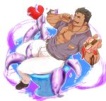  1boy absurdres bara beard box bulge chocolate dagon_(housamo) dark-skinned_male dark_skin facial_hair fins fish_boy full_body gift gift_box heart-shaped_box highres incoming_gift konoji_(ac_oekk) large_pectorals long_sideburns looking_at_viewer male_focus mature_male muscular muscular_male pectoral_cleavage pectorals short_hair sideburns sitting solo stubble tentacles thick_thighs thighs tokyo_afterschool_summoners tongue tongue_out valentine 