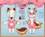  ahoge anthro blue_eyes blue_highlights blue_nose blue_pawpads butt canid canine canis color_swatch dessert domestic_dog donut_(misterdonut) doughnut english_text food fur hair highlights_(coloring) male mammal misterdonut model_sheet multicolored_body multicolored_fur multiple_poses navel pawpads paws pink_body pink_fur pose simple_background smile solo sprinkles standing text white_body white_fur white_hair wide_hips 