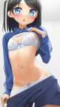  1girl :o apollo_(hu_maple) bangs black_hair blue_eyes blue_shirt blue_shorts blush bow bow_bra bow_panties bra breasts clothes_pull commentary_request eyebrows_visible_through_hair groin hand_up highres long_sleeves looking_at_viewer navel one_side_up original panties parted_lips shirt short_shorts shorts shorts_pull small_breasts solo swept_bangs underwear white_bra white_panties 