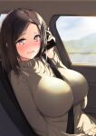  1girl :d between_breasts black_hair blush breasts brown_eyes car_interior cellphone cloud cloudy_sky commentary_request day dermar guard_rail highres holding holding_phone large_breasts long_hair long_sleeves mountain open_mouth original phone road school_uniform sitting sky smartphone smile solo strap_between_breasts sweater taut_sweater turtleneck turtleneck_sweater window 
