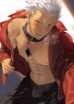  1boy abs archer_(fate) bara bare_pectorals black_male_underwear black_pants blush brown_eyes bulge collar dark-skinned_male dark_skin fate/extra fate/extra_ccc fate/grand_order fate/stay_night fate_(series) highres jacket large_pectorals looking_at_viewer male_focus male_underwear mondi_hl muscular muscular_male navel nipples one_eye_closed open_clothes open_jacket open_mouth open_pants pants pectorals red_jacket short_hair solo twitter_username underwear white_hair 