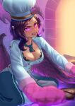  1girl absurdres bangs black_wings breasts buttons chef_hat chef_uniform cleavage double-breasted fang food hat highres indoors kyu_ire_ne large_breasts league_of_legends long_hair long_sleeves low_wings mittens morgana_(league_of_legends) official_alternate_costume pink_eyes pointy_ears purple_hair seiza sinful_succulence_morgana sitting solo tears teeth wings 