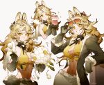  1girl :d animal_ear_fluff animal_ears arknights artist_name belt black_coat black_gloves blonde_hair breasts brown_leotard cat_ears cleavage cleavage_cutout closed_mouth clothes_around_waist clothing_cutout coat coat_around_waist covered_navel dandelion elbow_gloves eyewear_on_head flower fur-trimmed_coat fur_trim gloves holding holding_flower holding_jar jar large_breasts leotard long_hair looking_at_viewer multiple_views open_clothes open_coat parted_lips quercus_(arknights) red-tinted_eyewear simple_background smile sunglasses tinted_eyewear twitter_username white_background yellow_eyes yuji_(fantasia) 