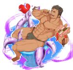  1boy abs absurdres bara beard box bulge chocolate dagon_(housamo) dark-skinned_male dark_skin facial_hair fins fish_boy full_body gift gift_box grey_male_swimwear heart-shaped_box highres incoming_gift konoji_(ac_oekk) large_pectorals long_sideburns looking_at_viewer male_focus male_swimwear mature_male muscular muscular_male navel navel_hair nipples pectorals short_hair sideburns sitting solo stomach stubble swim_briefs tentacles thick_thighs thighs tokyo_afterschool_summoners tongue tongue_out topless_male valentine 