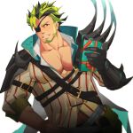  1boy absurdres armor bangs bara beard chest_belt eyepatch facial_hair gift green_hair highres holding holding_gift incoming_gift large_pectorals leon_(world_flipper) looking_at_viewer male_focus mature_male midriff_peek multicolored_hair muscular muscular_male pauldrons pectoral_cleavage pectorals shirt short_hair shoulder_armor single_pauldron smile solo striped striped_shirt two-tone_hair upper_body valentine world_flipper zhuganchangjiadan 