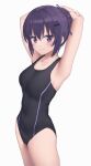  1girl armpits arms_behind_head arms_up bangs black_swimsuit braid breasts collarbone commentary cowboy_shot french_braid gochuumon_wa_usagi_desu_ka? hair_between_eyes hair_ornament hair_up hairclip highres looking_at_viewer medium_breasts mikazuchi_zeus one-piece_swimsuit purple_eyes simple_background smile solo swimsuit tedeza_rize white_background 