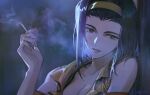  1girl alzi_xiaomi breasts cigarette cleavage cowboy_bebop faye_valentine green_eyes hairband looking_at_viewer purple_hair smoking solo upper_body 