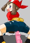  1girl bdsm blue_eyes blush bondage bound bound_wrists brown_hair haruka_(pokemon) mutual_masturbation pokemon vibrator 