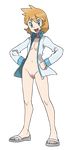  bottomless breasts cleavage gym_leader highres jacket kasumi_(pokemon) ken_suguimori misty naked_coat naked_jacket nude_filter official_art open_clothes open_jacket orange_hair paintover photoshop pokemon pokemon_(game) pokemon_heartgold_and_soulsilver pokemon_hgss sandals sugimori_ken uncensored unno_takao 