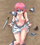  1girl armor breasts female final_fantasy final_fantasy_v gladiator green_eyes hair_ornament lenna_charlotte_tycoon lowres miniskirt nipples ottosei pink_hair short_hair shoulder_pads sitting skirt solo sweat sword torn_clothes weapon wristband 