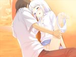  1girl barefoot blush bra cum cum_in_pussy game_cg haimura_kiyotaka hetero kagami_kouhei lingerie orgasm panties panties_around_one_leg pussy_juice sex shiraki_aeka short_hair skirt underwear white_hair yume_miru_kusuri 