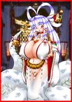  artist_request blush border breast_hold breasts cleavage holding_breasts huge_breasts japanese_clothes lamia long_hair monster_girl navel purple_hair red_eyes smile 