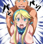  1girl blonde_hair blue_eyes breasts breasts_outside cheerleader cum cum_in_mouth cum_on_tongue cumdrip doggystyle hairband heroman hetero higashiyama_(higashiyama_honpo_l.t.d) incest large_breasts lina_davis long_hair nipples open_mouth sex sound_effects sweat tears teeth tongue wardrobe_malfunction william_davis 