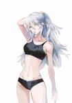  1girl adjusting_hair arm_up bare_shoulders collarbone food long_hair mole mole_under_mouth mouth_hold navel nier_(series) nier_automata panties ponytail popsicle range robot_joints silver_hair simple_background solo sports_bra underwear white_background yorha_type_a_no._2 