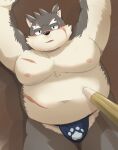  absurd_res anthro asian_clothing bamboo_sword belly belly_poke blush bulge canid canine canis clothing domestic_dog east_asian_clothing fundoshi hi_res japanese_clothing lifewonders male mammal moritaka musclegut navel nipples pecs scar tokyo_afterschool_summoners underwear video_games zuboboz 