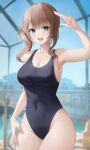  1girl absurdres bikini black_swimsuit blurry blurry_background breasts brown_hair bsmage cleavage competition_school_swimsuit covered_navel cowboy_shot highres long_hair looking_at_viewer medium_breasts mochizuki_honami project_sekai salute school_swimsuit side-tie_bikini sidelocks solo swimsuit 