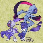  2others ariga_hitoshi claws closed_mouth commentary_request english_text fangs full_body height_difference highres multiple_others open_mouth pokemon pokemon_(creature) pokemon_(game) pokemon_legends:_arceus purple_fur red_eyes signature simple_background sneasel sneasler tail_feathers 