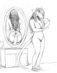  2019 anthro areola biped breasts didelphid eyewear eyewear_only female genitals glasses glasses_only hair hi_res hladilnik long_hair long_tongue mammal markings marsupial marylin_(hladilnik) mirror monochrome nipples nude pussy reflection sketch solo spiked_tail spikes spikes_(anatomy) standing tongue 