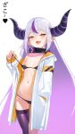  1girl absurdly_long_hair areola_slip areolae bad_kim bandaid bandaids_on_nipples bangs bikini blush braid breasts demon_girl demon_horns fang fine_fabric_emphasis hair_between_eyes half-closed_eyes highres hololive horns la+_darknesss long_hair looking_at_viewer micro_bikini multicolored_hair navel open_mouth pasties pointy_ears purple_bikini purple_hair purple_legwear silver_hair simple_background single_thighhigh skin_fang small_breasts smile solo standing streaked_hair striped_horns swimsuit thighhighs very_long_hair virtual_youtuber white_background yellow_eyes 