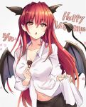  1girl bangs bat_wings black_skirt breasts candy chocolate cleavage collarbone cowboy_shot demon_tail eyebrows_visible_through_hair fang food gmbird_511 hair_behind_ear hair_between_eyes head_wings heart heart-shaped_chocolate holding holding_clothes holding_shirt koakuma large_breasts light_blush long_hair long_sleeves looking_at_viewer navel open_mouth red_eyes red_hair shirt simple_background skirt solo tail touhou valentine very_long_hair white_background white_shirt wings 