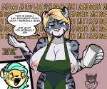  2021 absurd_res anthro apron apron_only areola artist_logo batartcave big_breasts biped blonde_hair blue_eyes bodily_fluids breasts cheetah claire_(pelao0o) clothing container cup cutaway duo english_text felid feline female front_view green_apron hair hi_res holding_cup holding_object huge_breasts i_mean_breast_milk jade_(pelao0o) lactating lactating_through_clothing logo looking_at_viewer mammal meme milk mostly_nude nipples pantherine speech_bubble text tiger wet wet_clothing year 