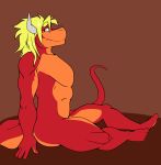  abs absurd_res anthro blonde_hair digital_media_(artwork) dragon drum_bunker_dragon future_card_buddyfight hair hi_res horn looking_at_viewer lounging male muscular muscular_male nude scalie shy simple_background sitting smile solo sylvanedadeer 