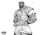  1boy arms_behind_back bangs beard belt buttons character_request closed_mouth copyright_name cowboy_shot earrings facial_hair grey_background greyscale hicham_habchi highres jewelry league_of_legends monochrome muscular muscular_male short_hair simple_background solo standing 