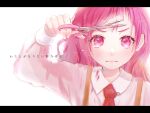  1girl ap_(pixiv74197750) black_border border closed_mouth cutting_hair frown highres hugtto!_precure letterboxed long_hair long_sleeves looking_at_viewer necktie nono_hana pink_eyes pink_hair pink_shirt portrait precure red_necktie shirt solo white_background 