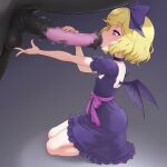  1girl akai_(riaakai) bestiality blonde_hair bow breasts censored dress elly_(tonari_no_kyuuketsuki-san) fellatio full_body hair_bow highres horse horse_penis kneeling mosaic_censoring oral penis purple_bow purple_dress purple_eyes short_hair short_sleeves small_breasts tonari_no_kyuuketsuki-san 