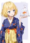  1girl animal_print bag bagged_fish bangs blonde_hair blue_eyes blue_kimono blunt_bangs blush brown_skirt fish fish_print floral_print goldfish goldfish_print highres holding hololive hololive_english japanese_clothes kimono kimono_skirt long_sleeves looking_to_the_side obi open_mouth plastic_bag pleated_skirt purple_background sash short_hair simple_background skirt smile solo sunako_(veera) twitter_username two-tone_background upper_body virtual_youtuber watermark watson_amelia white_background wide_sleeves 