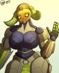  absurd_res big_breasts blizzard_entertainment breasts bunbunmuffins centaur clothed clothing equid equid_taur female gesture hi_res horn huge_breasts humanoid humanoid_taur looking_at_viewer machine mammal mammal_taur orisa_(overwatch) overwatch robot simple_background solo taur topless video_games waving yellow_eyes 