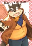  anthro canid canine canis clothing coat domestic_dog english_text eyebrows fur gift_box lifewonders male mammal moritaka multicolored_body multicolored_fur nazebesu_hobby overweight pawpads scar scarf solo text thick_eyebrows tokyo_afterschool_summoners topwear two_tone_body two_tone_fur video_games 