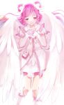  1girl absurdres ap_(pixiv74197750) bike_shorts boots closed_mouth cure_dream detached_sleeves dress earrings feathered_wings floating_hair half-closed_eyes highres jewelry knee_boots long_hair long_sleeves looking_down pink_eyes pink_hair pink_shorts precure short_dress short_shorts shorts shorts_under_dress simple_background sleeveless sleeveless_dress sleeves_past_wrists smile solo white_background white_dress white_footwear white_sleeves white_wings wings yes!_precure_5 