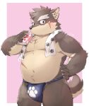  anthro asian_clothing belly biceps blush canid canine canis clothing domestic_dog east_asian_clothing eyebrows fundoshi hi_res japanese_clothing juice_box kinoshita-jiroh lifewonders male mammal moritaka musclegut navel scar solo thick_eyebrows tokyo_afterschool_summoners towel underwear video_games 
