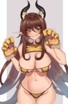  1girl absurdres animal_ears animal_hands bare_shoulders blush breasts brown_hair claw_pose claws covered_nipples cowboy_shot english_commentary extra_ears eyebrows_visible_through_hair fur_trim hair_between_eyes hands_up highleg highleg_panties highres horns huge_breasts looking_at_viewer mole mole_on_breast mole_under_eye navel original panties pointy_ears revealing_clothes saecchi side-tie_panties sidelocks simple_background solo stomach string_bra string_panties thigh_gap thighs tiger_stripes two-tone_background underwear white_background 