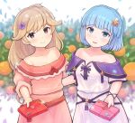  2girls alternate_costume alternate_hairstyle bare_shoulders blue_eyes blue_hair blush bow box box_of_chocolates breasts brown_eyes brown_hair chocolate cleavage collarbone faye_(fire_emblem) fire_emblem fire_emblem_echoes:_shadows_of_valentia fire_emblem_heroes flower food fruit gift gift_box hair_flower hair_ornament highres holding holding_box holding_gift kutabireta_neko long_hair looking_at_viewer multiple_girls off_shoulder official_alternate_costume open_mouth orange_(fruit) plant ribbon short_hair short_sleeves silque_(fire_emblem) smile valentine 