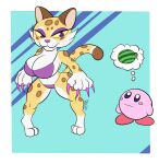  anthro big_breasts bikini breasts cheetah clawroline claws clothing daison_the_fox duo eyelashes felid feline female fur hi_res kirby kirby_(series) long_tail mammal nintendo simple_background swimwear underwear video_games yellow_body yellow_fur 