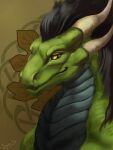  2022 digital_media_(artwork) dimonis dragon green_body hair hi_res horn male signature simple_background smile solo watermark yellow_eyes 